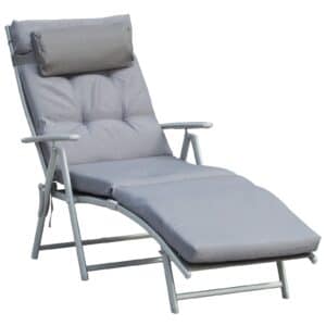 Sammenklappelig liggestol/strandlounge med nakkestøtte og sædehynde, lænestol med justerbar ryglæn i 7 positioner, havelounge/afslappende lounge, vægtkapacitet op til 165 kg, til have, ferier og udendørs brug, grå